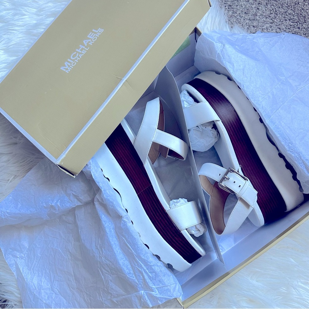 Michael Kors Marlon Platform Leather Optic White Women Sandals Size 7